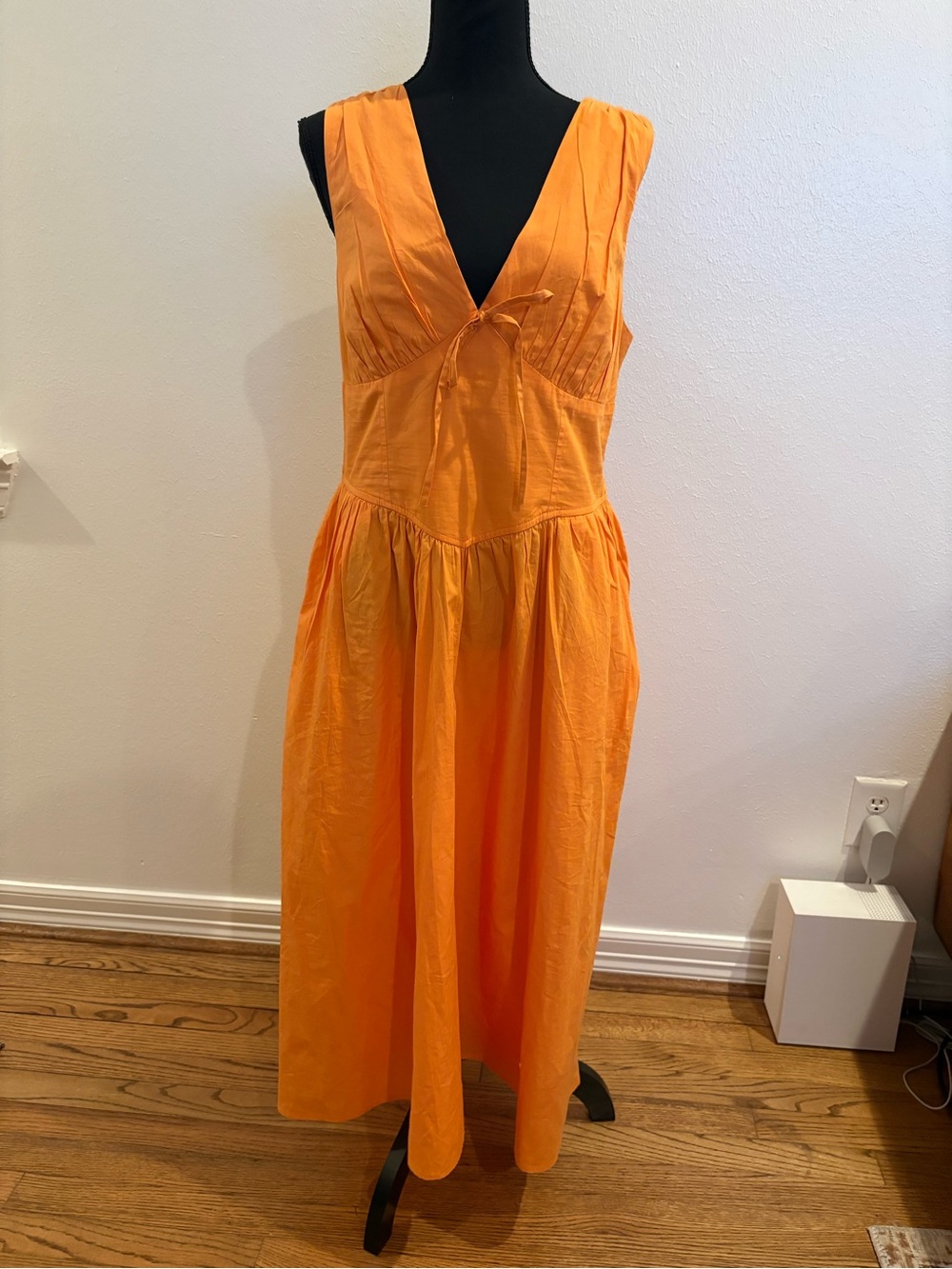 Sleeveless V‑Neck Orange Maxi Dress with Tie Front